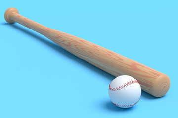 Wooden professional softball or baseball bat and ball on blue background