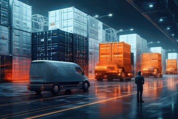 A businessman looking at the virtual interface panel of the global logistics network for distribution and transportation, Smart Logistics. Generative AI