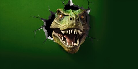 Cute T-Rex peeking out of a hole in wall, torn hole, empty copy space frame, mockup. Generative AI image weber.