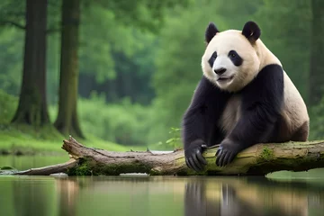 Fototapete little panda sitting on tree generated by AI tool © Aqsa