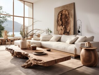 Rustic live edge table and chairs near beige sofa interior design of modern living room generative ai