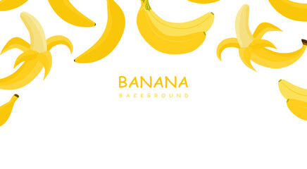 Banana background. Single, peeled and bunch of bananas for banner, poster, package. Border or frame design with text copy space. Tropical fruits, banana snack or vegetarian nutrition. Flat vector
