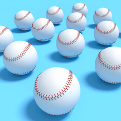 Set of softball or baseball ball lying in row on blue background.