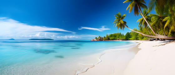 Fototapeta na wymiar Tropical Paradise: White Sands and Coco Palms Panorama