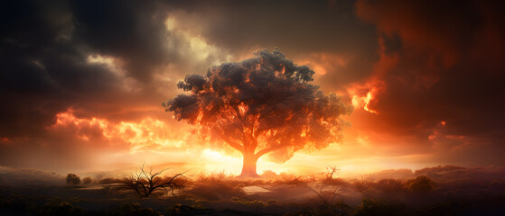 Naklejka premium Climate change, Wildfires release carbon dioxide (CO2) emissions and other greenhouse gases (GHG) that contribute to climate change and global warming