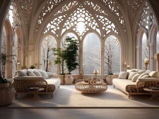 Fototapeta na wymiar Luxury eastern interior design of modern living room with carved furniture and arched windows generative ai