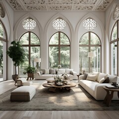 Luxury eastern interior design of modern living room with carved furniture and arched windows generative ai