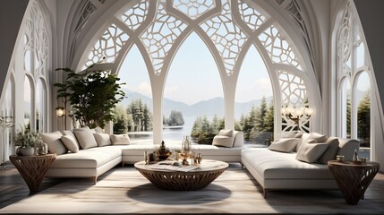 Fototapeta na wymiar Luxury eastern interior design of modern living room with carved furniture and arched windows generative ai