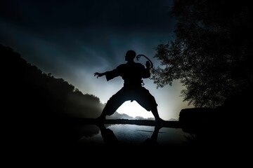 Karate training man isolated on dark background