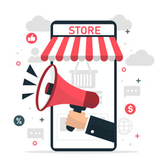 online shopping marketing on smartphone. business man is holding a megaphone on mobile phone of front of shop store. e-commerce  concept background. vector illustration modern flat design.