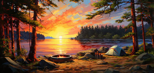 Fototapeta na wymiar painting style illustration banner wallpaper, Camping time at lake side, Generative Ai