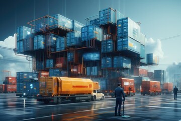 A businessman looking at the virtual interface panel of the global logistics network for distribution and transportation, Smart Logistics. Generative AI