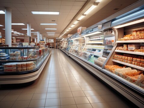 Supermarket store interior with shelves and display cabinet glass, a long corridor along the way, and light bulbs on the ceiling. Generative AI