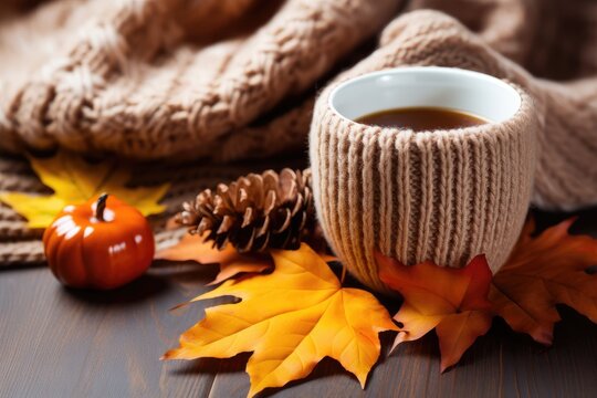 Cup of fresh hot tea with autumn leaves and plaid, top view flat lay, AI Generated