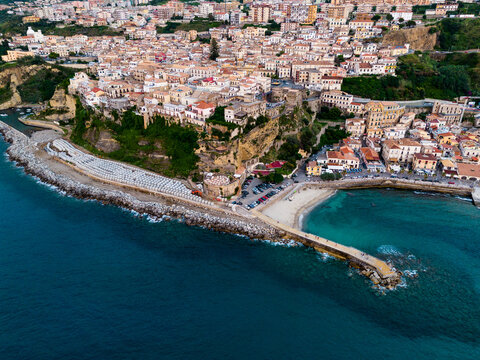 aerial view from the drone of Pizzo Calabro, a town on the coast of the Gods in the province of Vibo Valetia in Calabria. The town is famous for truffles and ice cream in general