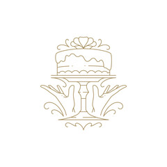 Human hands elegant premium cake on stand decorated by blossom flower golden line icon vector