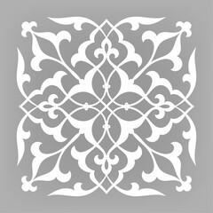 Four pointed circular pattern. Mandala. Round linear vector ornament on gray background.