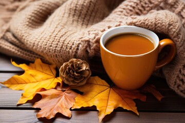 Cup of fresh hot tea with autumn leaves and plaid, top view flat lay, AI Generated