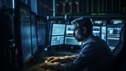 Fototapeta na wymiar Stock Market, Money, Portrait of a Man in front of Computers. AI Generative