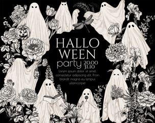 Vector template of halloween invitation with different ghosts in flowers in engraving style. Ghost with a book, with a lamp, with a bouquet, with a candy,  with halloween pumpkin, ghost cat