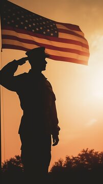 A silhouette of a soldier saluting the flag Generative AI