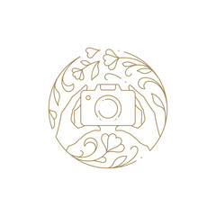 Elegant human hands holding camera photo shooting blossom botanical circle frame line icon vector