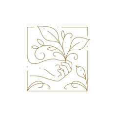 Elegant human palm natural organic tree branch lush leaves geometric frame golden line icon vector