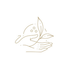 Romantic human palm holding organic tree branch natural skin care minimalist circle line icon vector