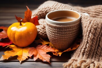 Cup of fresh hot tea with autumn leaves and plaid, top view flat lay, AI Generated