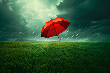 A red umbrella flying over a lush green field. Generative AI 