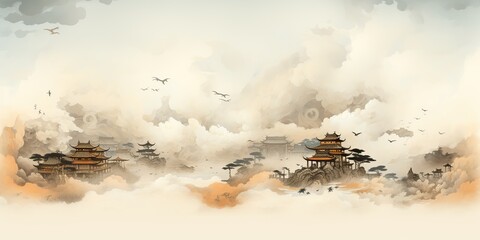 AI Generated. AI Generative. Ancient chinese temple mountain fog mist landscape. Vacation adventure outdoor asian traditional drawing painting 
