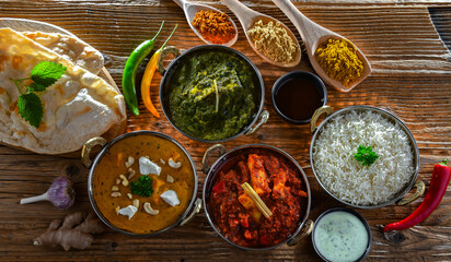 Fototapeta na wymiar Composition with Indian dishes with basmati rice