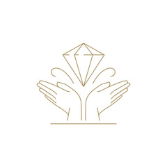 Minimalist human hands bright jewelry gem brilliant carat premium golden line art icon vector