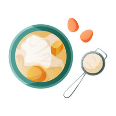 Homemade dough cooking bowl with flour and eggs. Kitchen bakery stuff, process of baking. Baking, bakery shop, cooking, sweet products, dessert. Vector for poster, banner, menu, cover, advertising