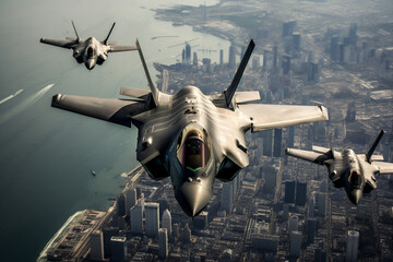 A squadron of military aircrafts fighters flies over the city. AI generated. - obrazy, fototapety, plakaty