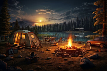 Tent tourist camp at night. Bonfire on the river bank. AI generated.