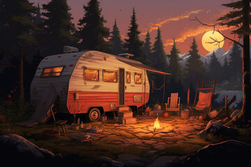 Tent tourist camp at night. Bonfire on the river bank. AI generated.