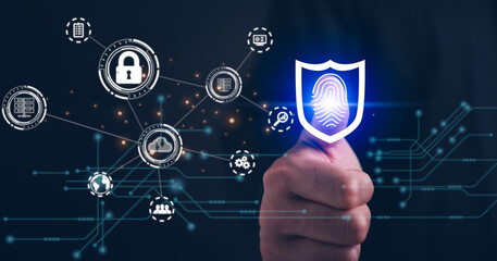 Online transaction security, cyber security digital technology, business people use fingerprints to access personal cybersecurity, keeping users' personal information safe, secure internet access.
