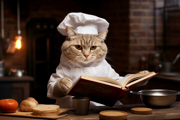 The cat cook is studying a book of recipes. AI generated. - obrazy, fototapety, plakaty