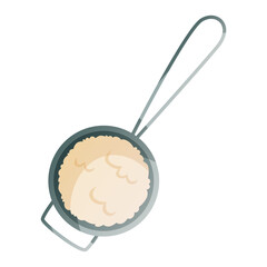 Kitchen silicone sieve with wheat for homemade cooking. Baking tools, utensils, supplies, bakery stuff. Bakery shop, sweet products, dessert. Vector for poster, banner, menu, cover, advertising