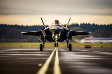 Fototapeta premium Military aircraft fighter maneuvers on the runway, on the airfield. AI generated.