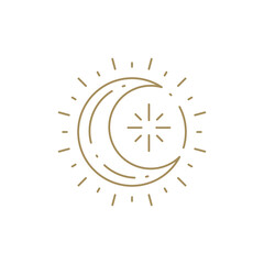Spiritual magic half moon in sun beams natural light mythic esoteric design line art icon vector