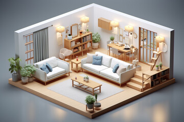 3D rendering, cut model of a section of a residential building, apartment with furniture and lighting. AI generated.