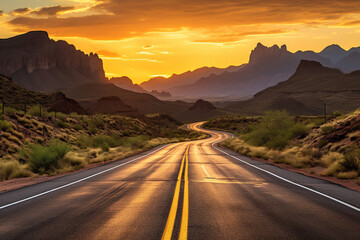 An asphalt road with a yellow dividing strip leads into the distance. Mountain landscape in the background. AI generated.