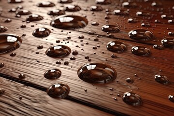 Drops of water on the wooden surface. Generative AI  - Powered by Adobe