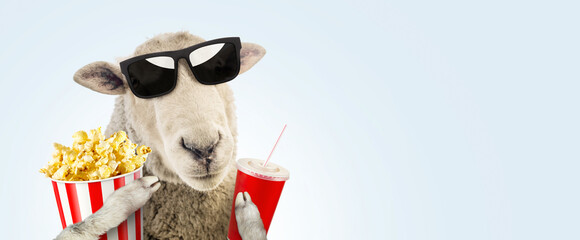 Funny hipster sheep with fashion sunglasses holds a red cup of cola and a basket of popcorn rest...