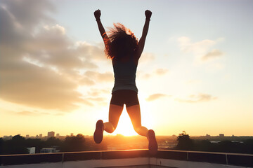 Fototapeta na wymiar silhouette of a girl jumping up against the backdrop of sunset, celebrating of victory and success