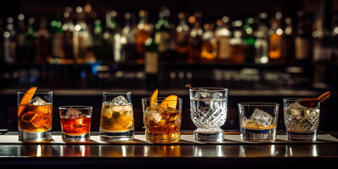 Variety of alcoholic drinks and multi colored cocktails on the reflective surface of bar counter. Blurred shelves with bottles on background. AI generative.