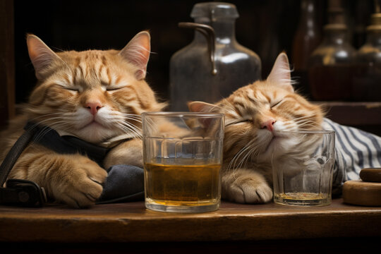 Two drunk cats are sleeping near glasses of whiskey. AI generated.