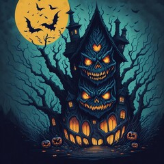 Scary Halloween house with bats, pumpkins and zombies background, Generative AI